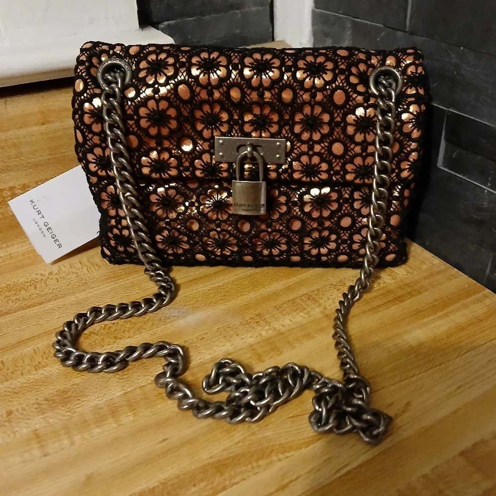 Kurt Geiger NWT Metallic with Black Crochet Overlay and Dustbag